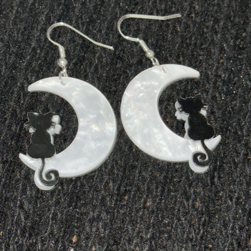 Adorable, black cat crescent moon earrings